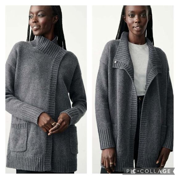 $322 White + Warren Gray Cozy Wool Blend Patch Pocket Cardigan Sweater Medium - Picture 1 of 9